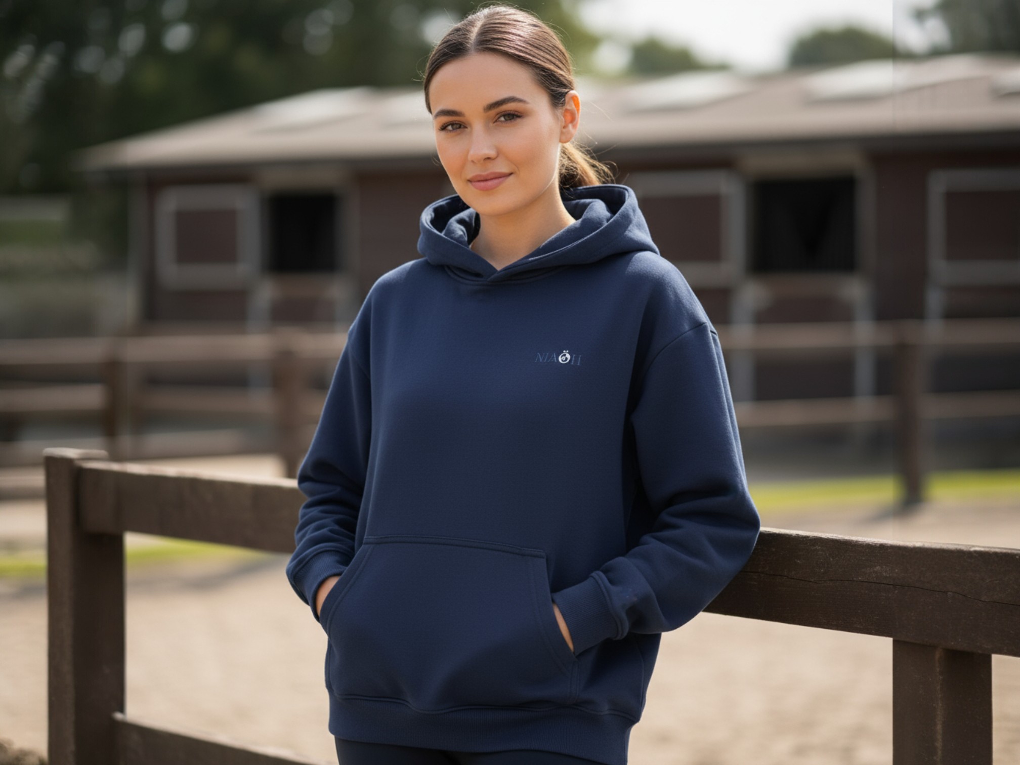 Sweatshirt à capuche bleu marine porté par une jeune fille et mis en scène dans une ferme