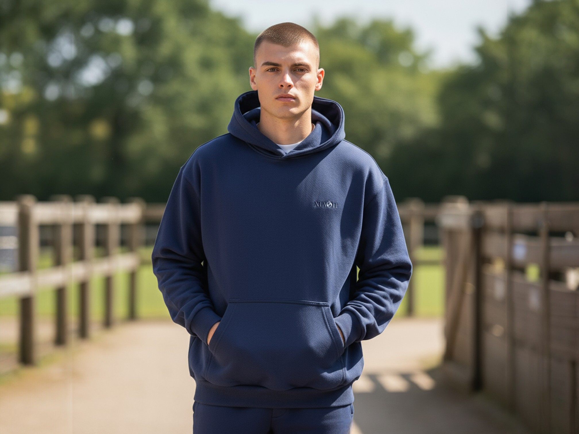 Sweatshirt à capuche bleu marine porté par un jeune homme et mis en scène dans une ferme