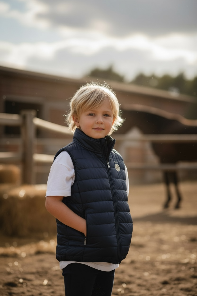 Veste matelassée sans manches bleue marine portée par un garçon dans une ferme.