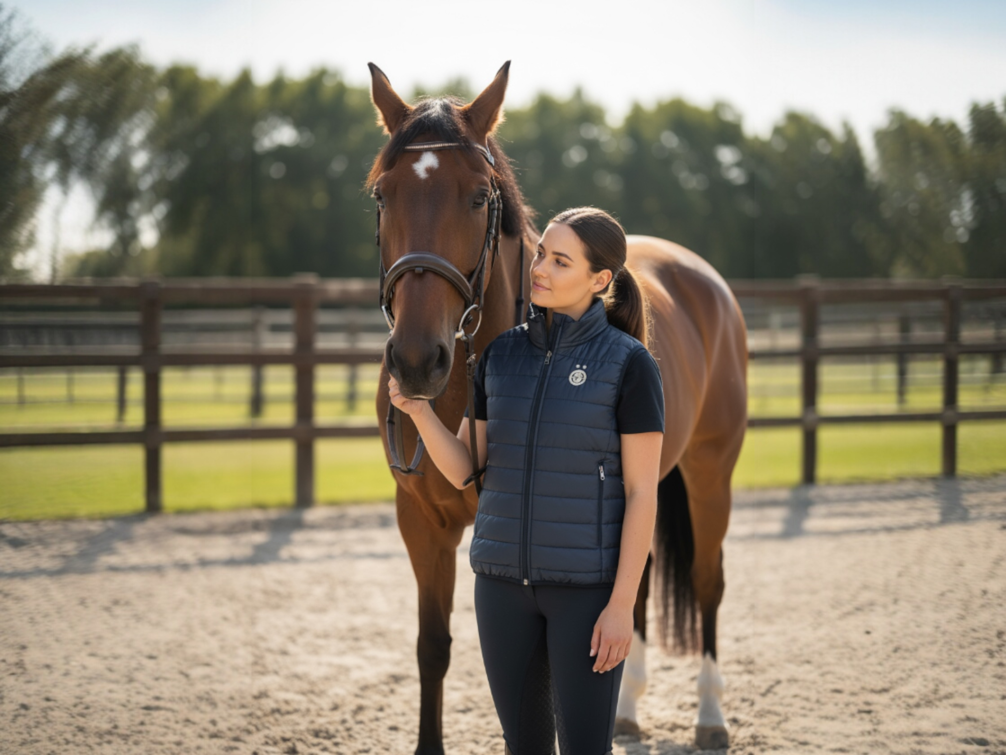 Veste matelassée sans manches bleu marine porté par une femme dans un centre équestre aux côtés d'un cheval