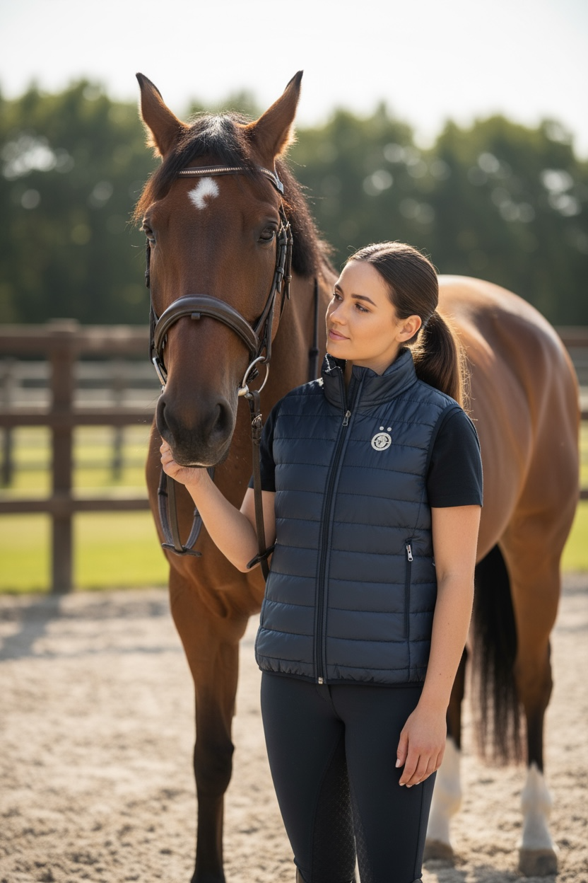 Veste matelassée sans manches bleu marine porté par une femme dans un centre équestre aux côtés d'un cheval