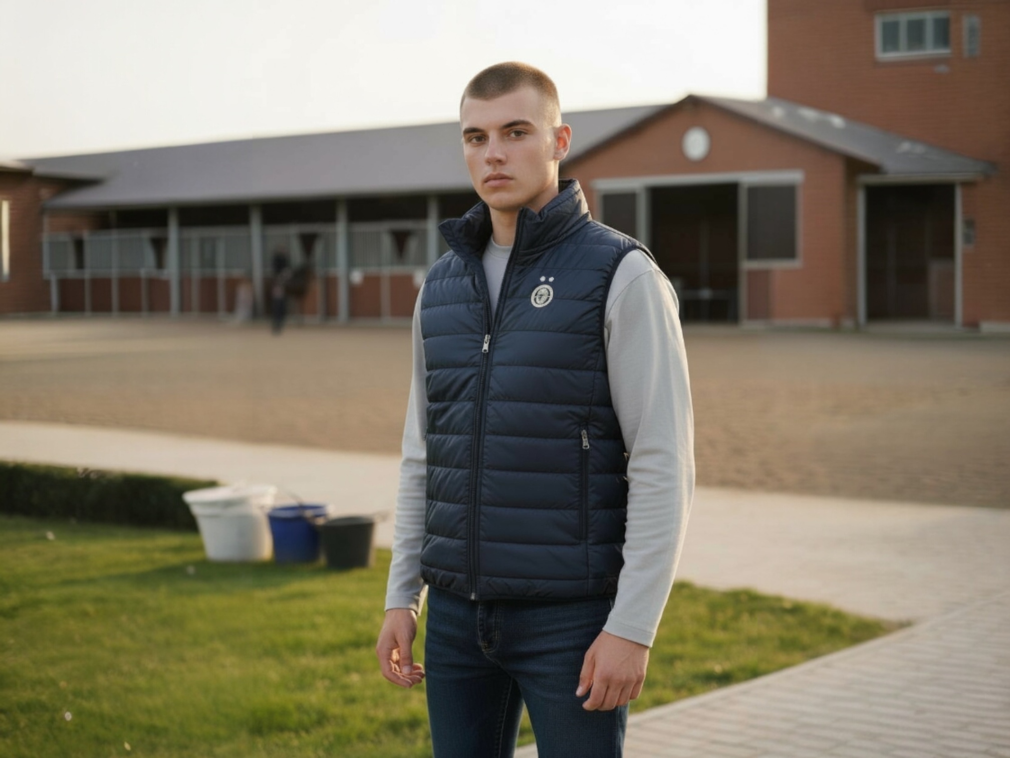 Veste matelassée sans manches bleue marine portée par un adolescent devant un bâtiment.
